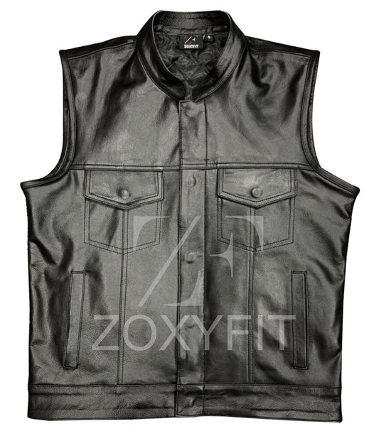 Men’s Black Leather Biker Vest – Sleeveless Motorcycle Riding Club Vest | ZoxyFit